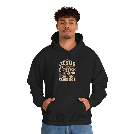 Jesus Coffee Closings Unisex Heavy Blend Hoodie, Cozy Gift for Believers, Fall & Winter Apparel, Faith-Inspired Sweatshirt