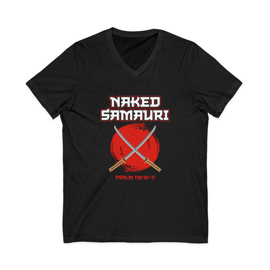 Naked Samurai V-Neck Tee - Unisex Graphic Tee with Psalm 118:10-11